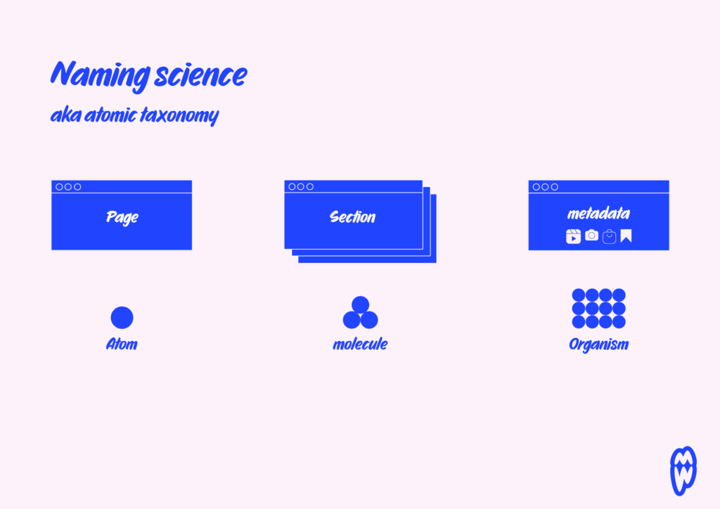 Visual representation of atom, molecule and organism as it relates to naming science