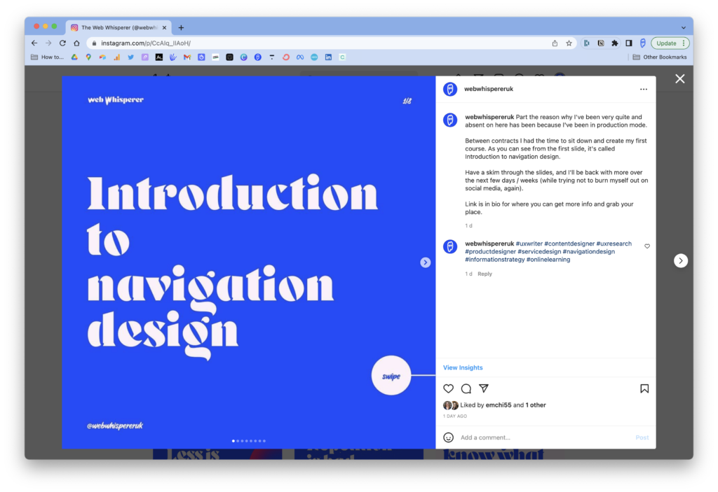 A screenshot of the Web Whisperer Instagram account with a post on Introduction to navigation design carousel open.