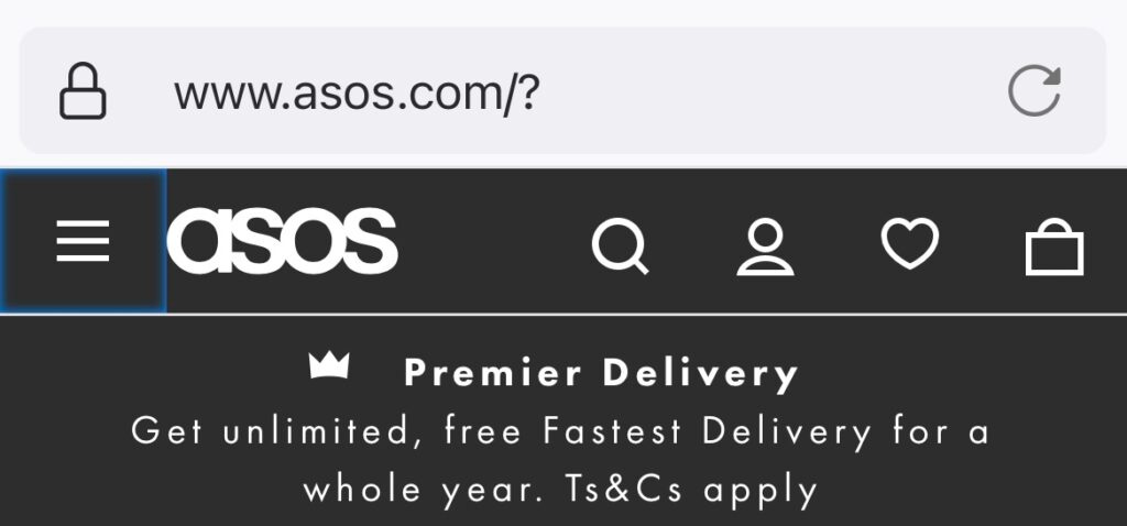 Screenshot of the ASOS mobile website header with the burger menu call to action on the top left of the screen with the logo to the right.