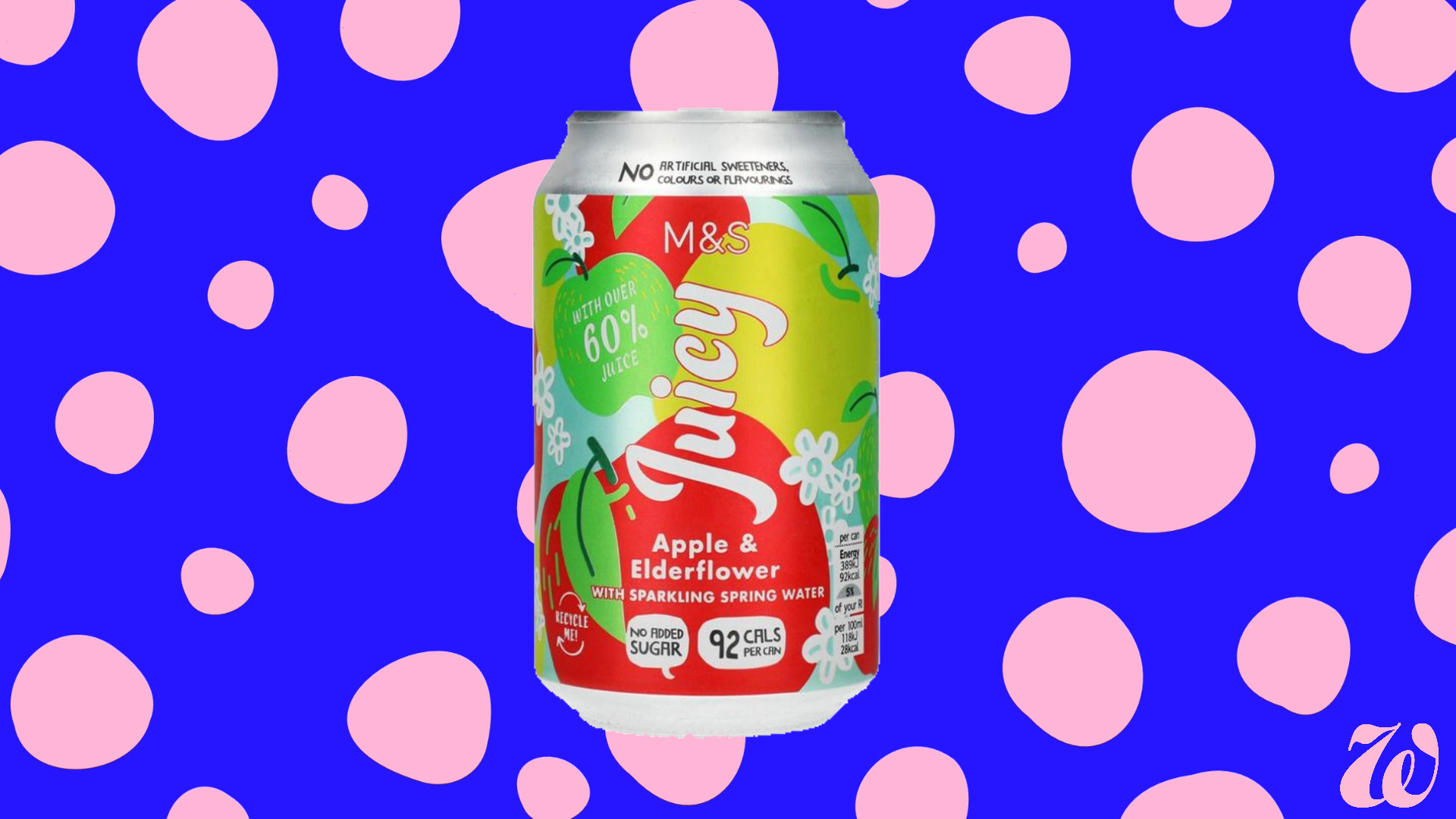 A can of Apple and Elderflower sparking spring water drink from Marks and Spencer with the word Juicy in big letters up the front. On a blue background with irregular pink polka dots. 